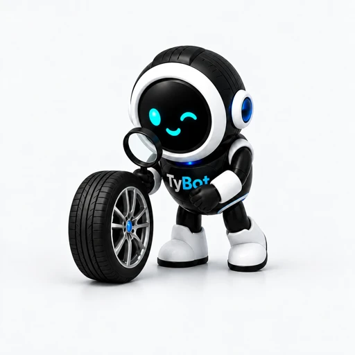 타이어를 살펴보는 TyBot 캐릭터